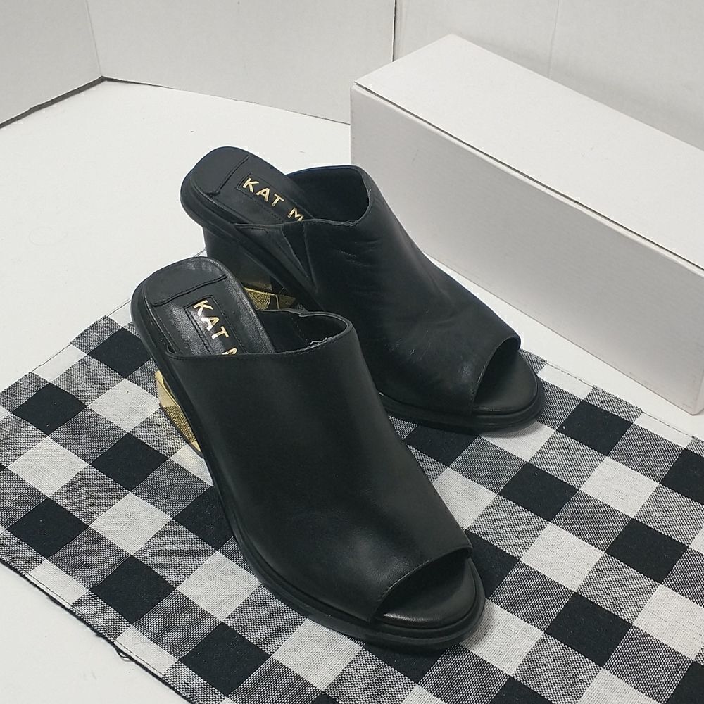 Kat Maconie Womens Sandal Block Heels Shoes Black Leather Slip On Peep Toe 8 - Picture 10 of 10